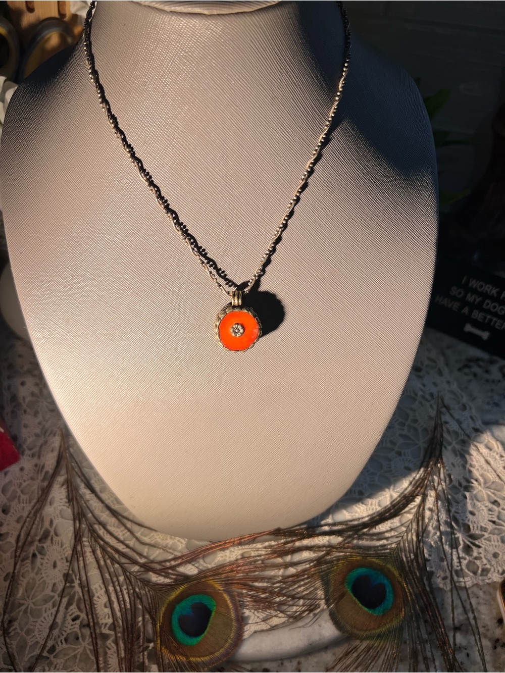 Sterling Silver-Italy Chain Necklace w/ Bakelite? circular Pendant Rare!